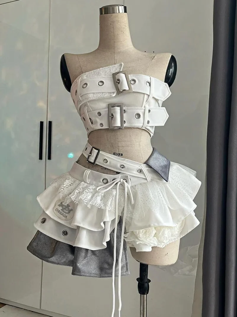 Fairycore minirok set met onregelmatige gesp en patchwork