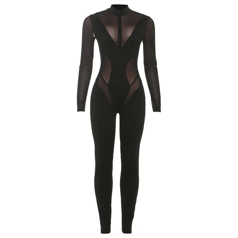 Jumpsuit met hoge hals en lange mouwen en mesh patchwork