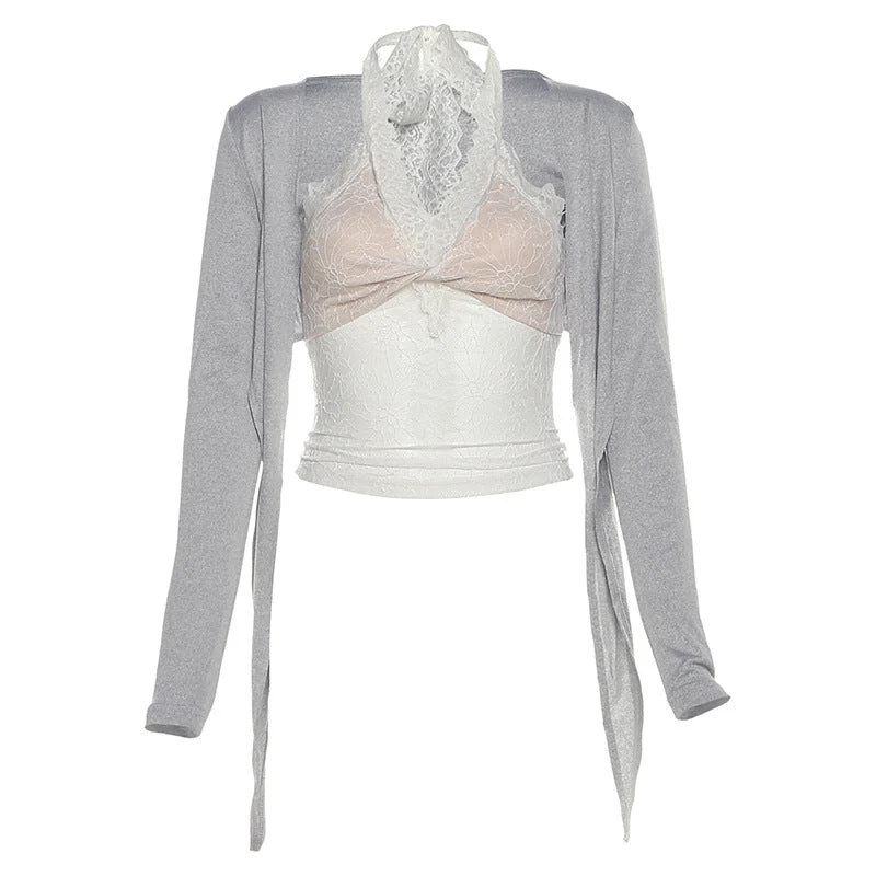 Fairycore halter lace self tie long sleeve top