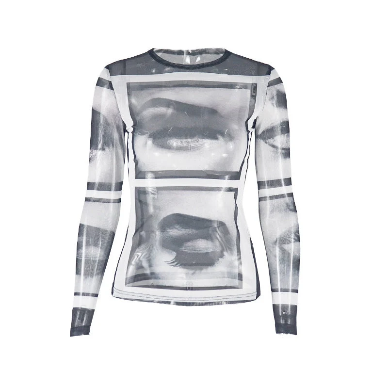 Top met lange mouwen en abstracte ronde hals van mesh