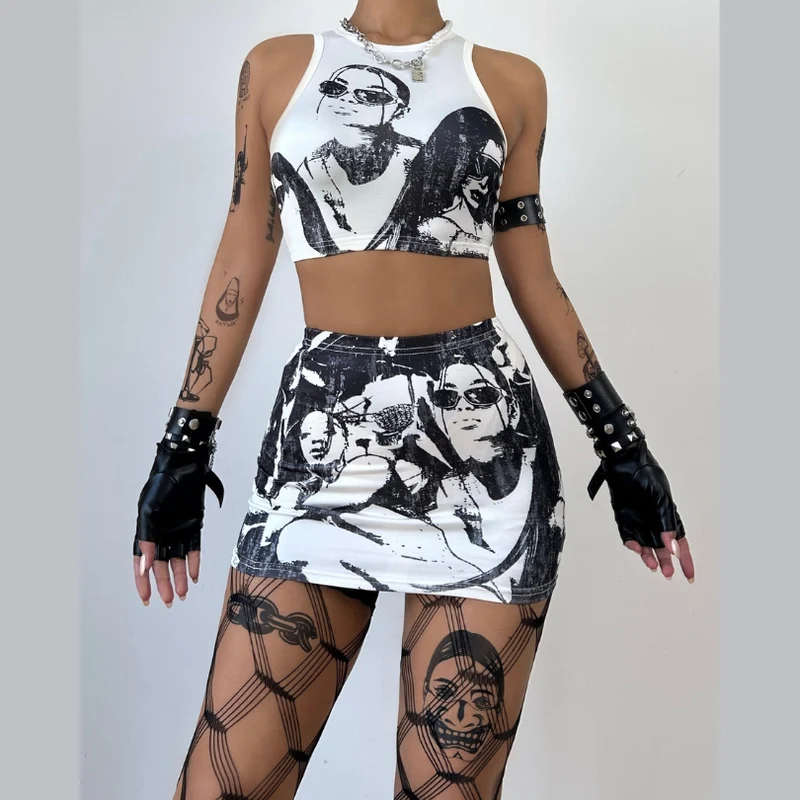 Grunge sleeveless abstract print mini skirt set