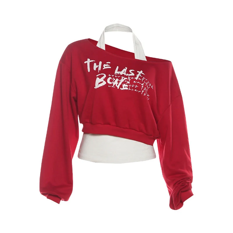 Grunge top met lange mouwen en halternek, bedrukt met letters