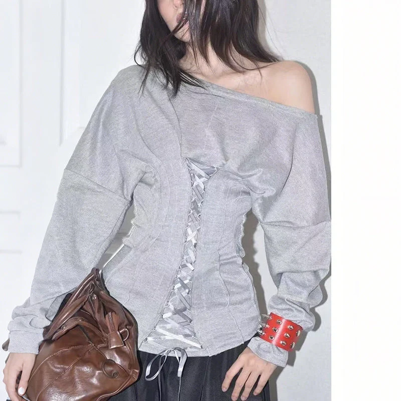 Off-shoulder corsettop met lange mouwen en vetersluiting