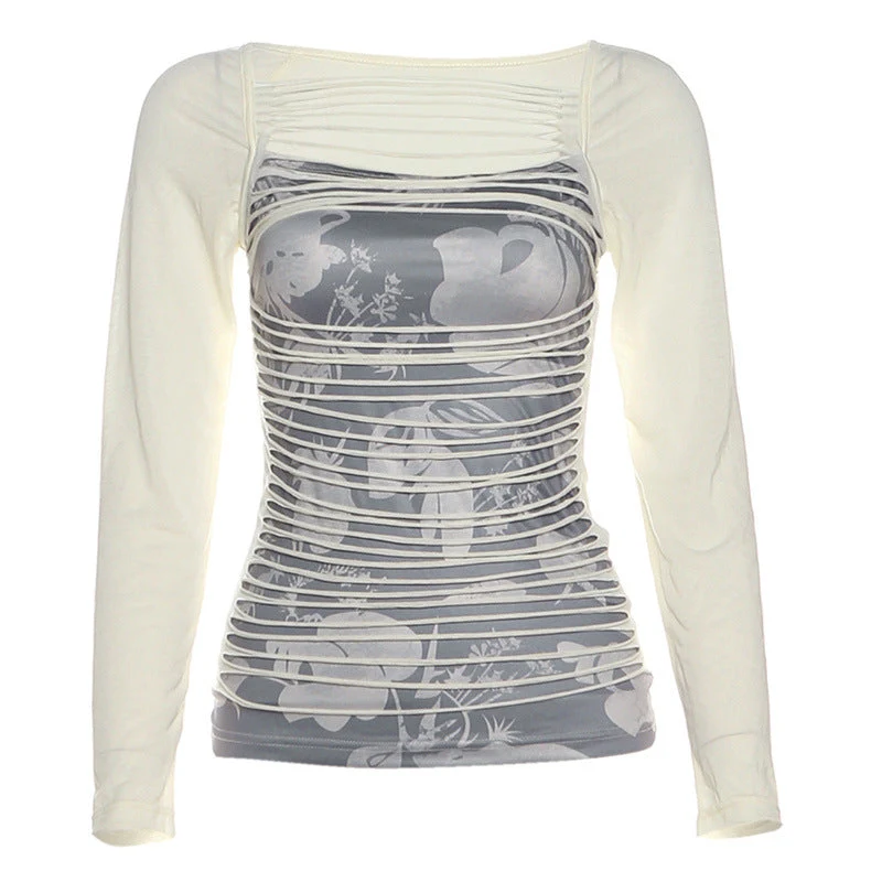 Grunge print hollow out contrast top
