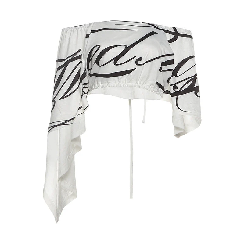 Onregelmatige off-shoulder print crop top met zelfstrik