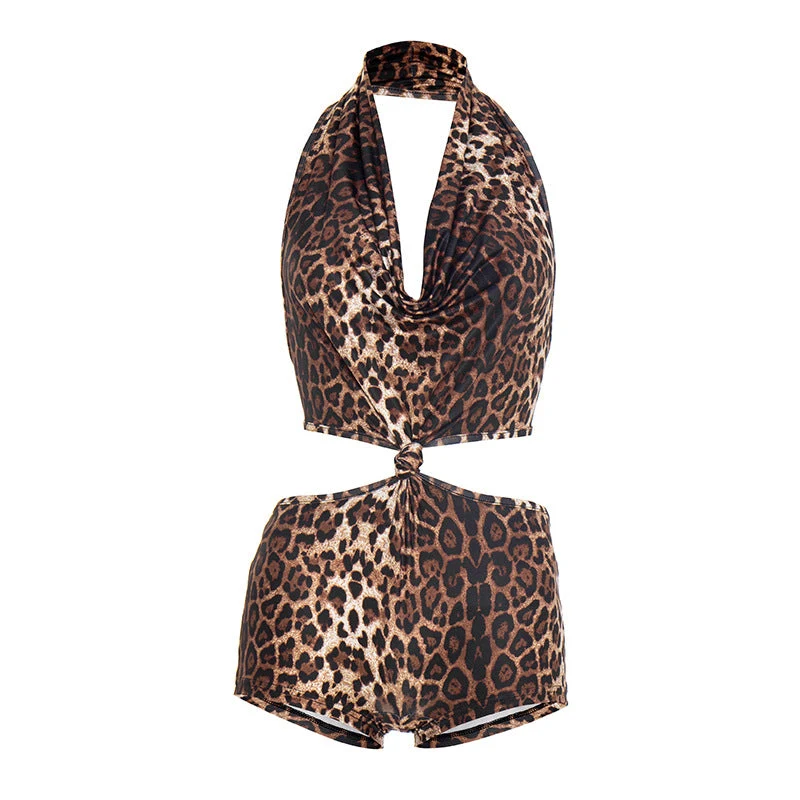 Halter luipaardprint romper met zelfstrik