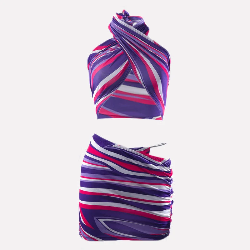 Set met halter- en contrastminirok met strepenprint
