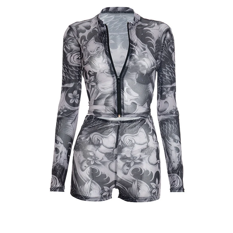 Gothic abstracte korte broek met ritssluiting en mesh-details