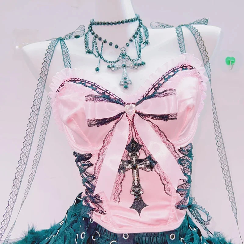 Fairycore cami top met strik, ruches en kanten zoom