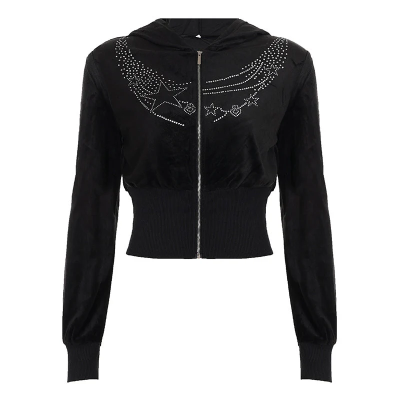 Gotische fluwelen hoodie met rits en kralen