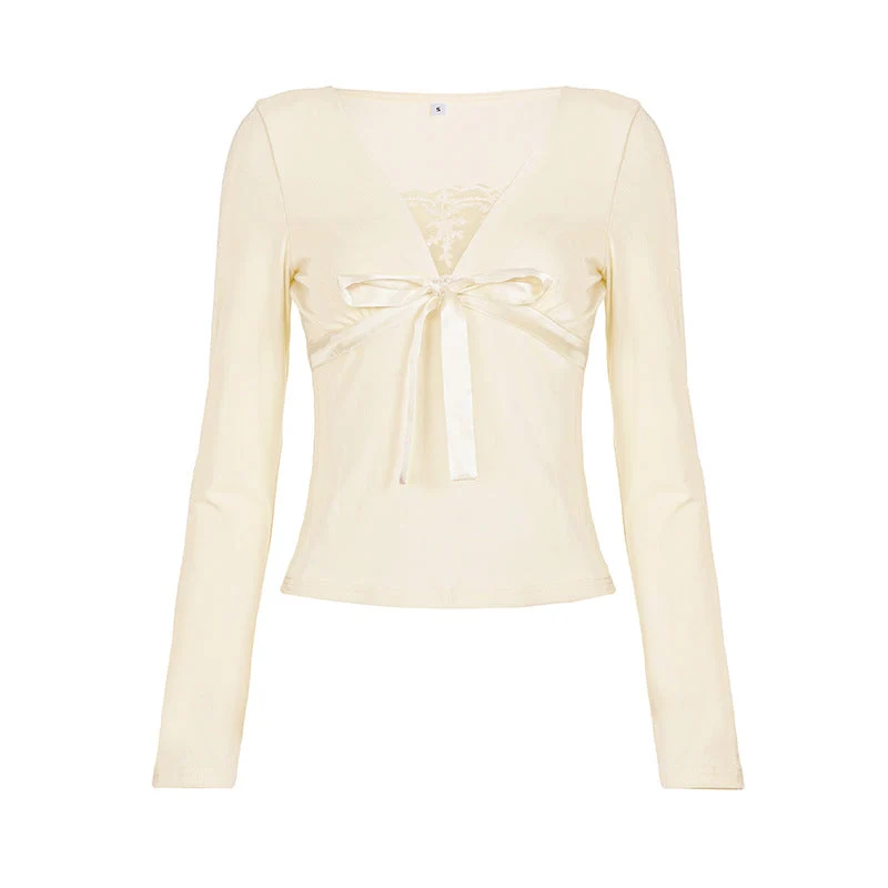 Fairycore bowknot long sleeve lace top