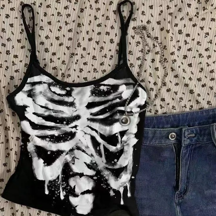 U-hals skeletprint cami top zonder rug