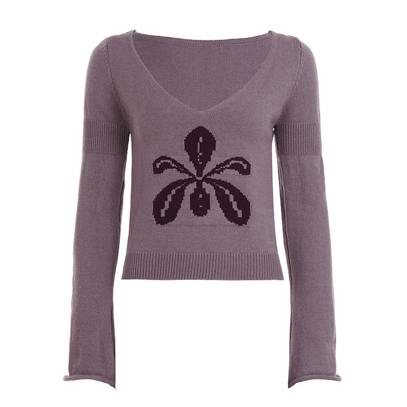 Fairycore gebreide top met lange mouwen en bloemenprint
