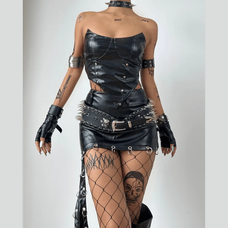 Goth PU leather irregular backless tube top