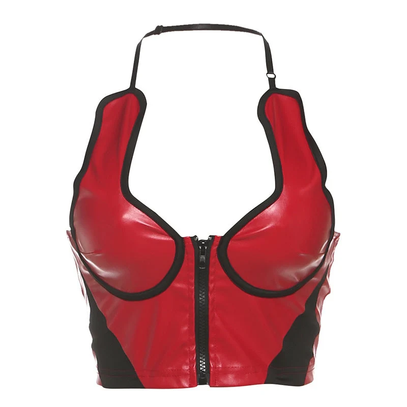Goth halter PU leather crop top