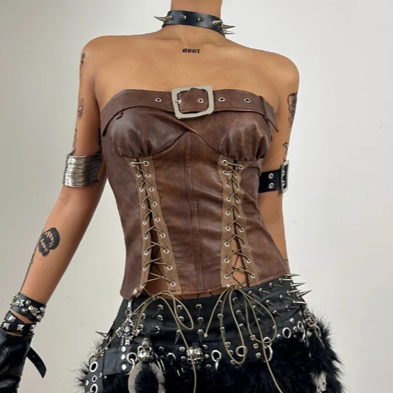 Fairycore tube top van PU-leer met vetersluiting