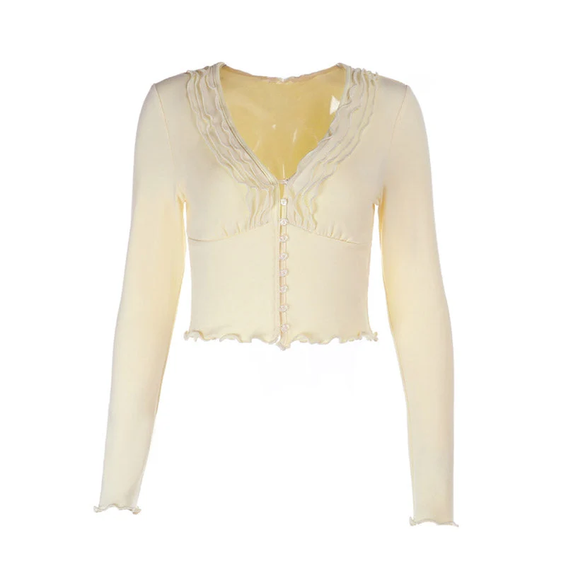 Fairycore long sleeve ruffle v neck top