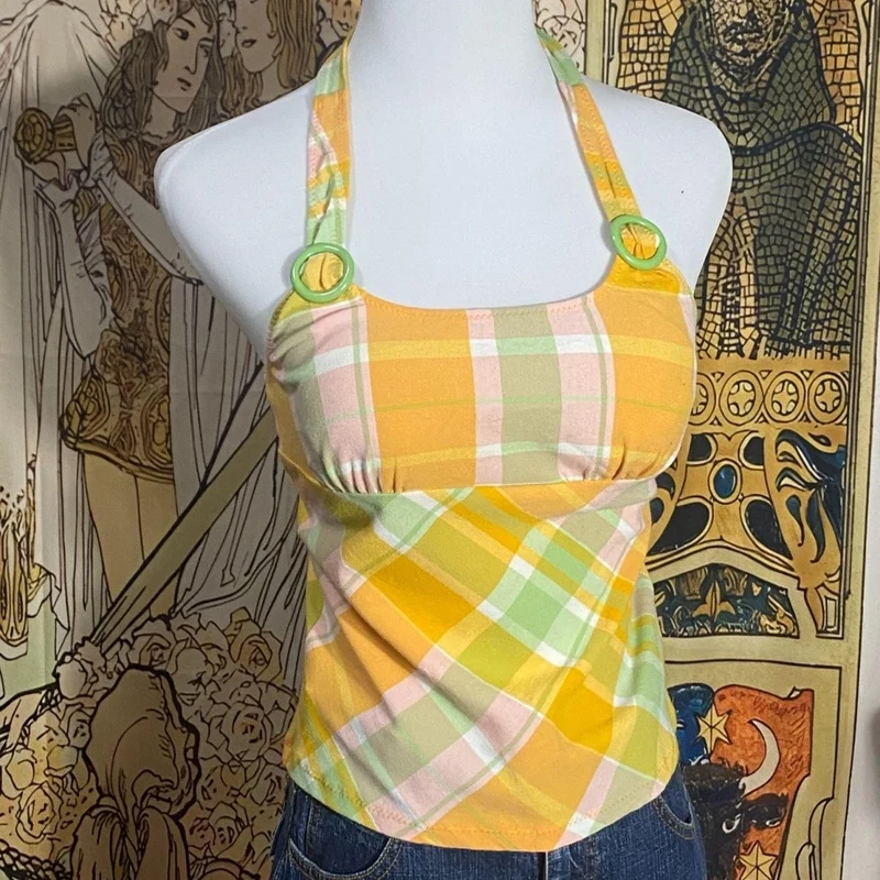 Grunge haltertop met strikceintuur en ruitjespatroon