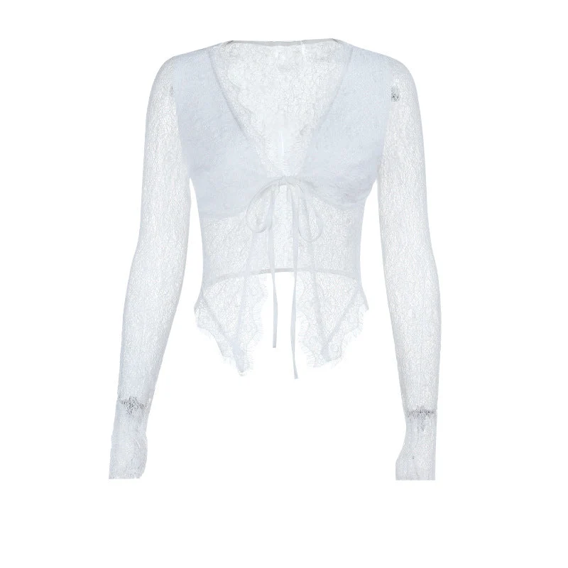 Fairycore kanten crop top met V-hals en strikceintuur