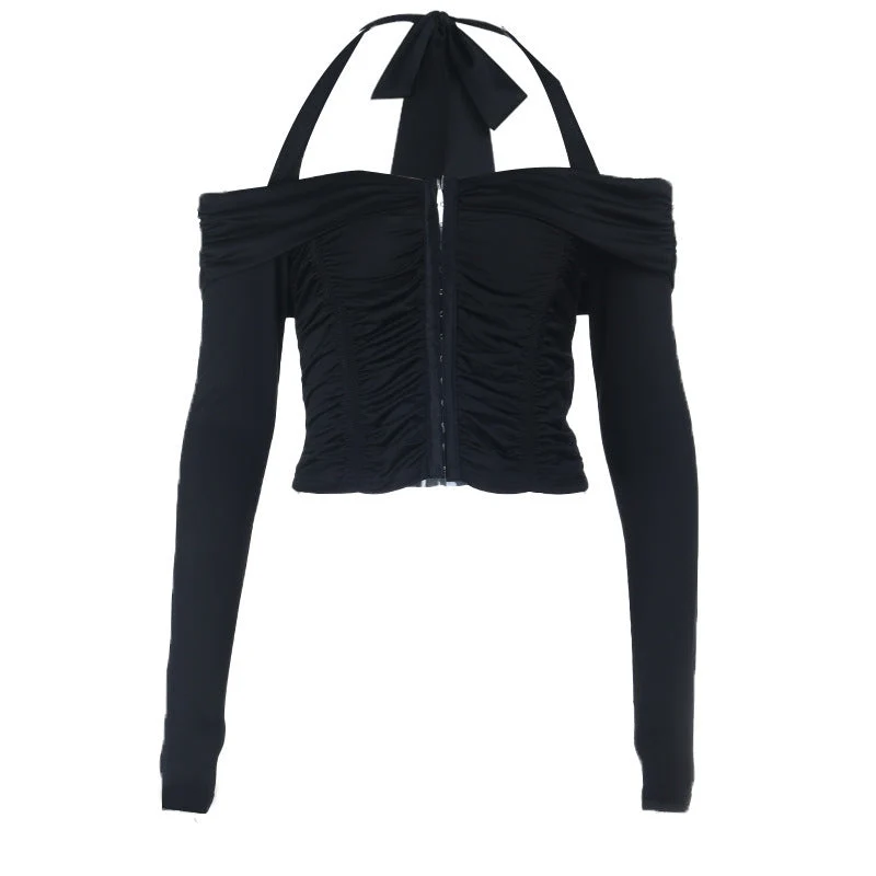 Grunge haltertop met blote schouders en knoopjes, geplooide details