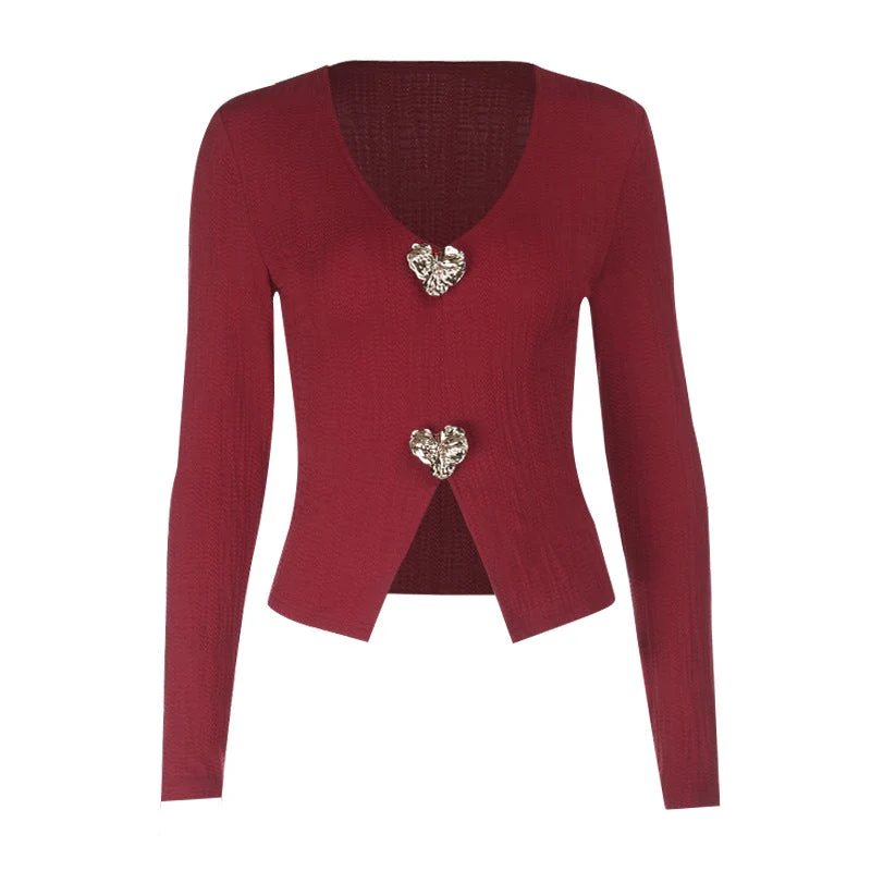 Grunge top met lange mouwen, V-hals en split, effen kleur