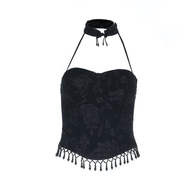 Goth halter print zip-up top