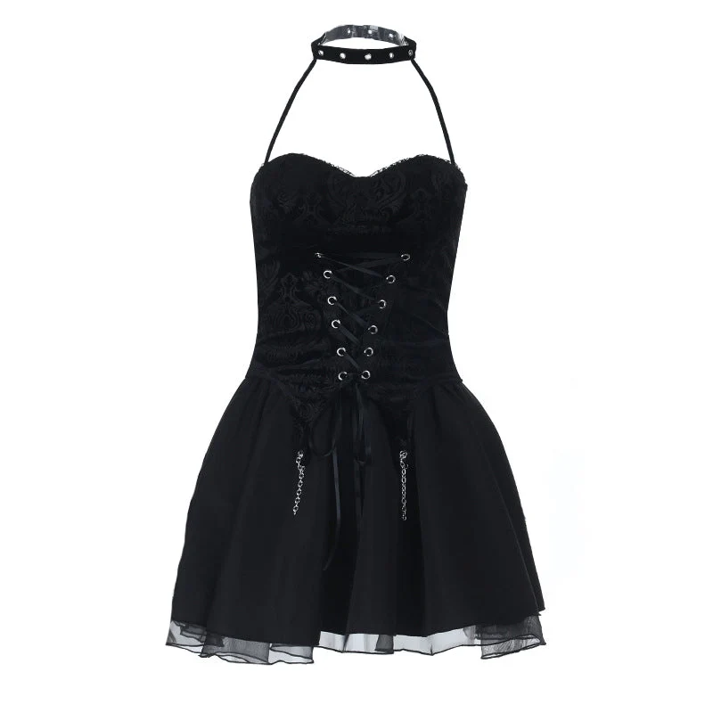 Fairycore halter minirokje met vetersluiting en metalen ketting