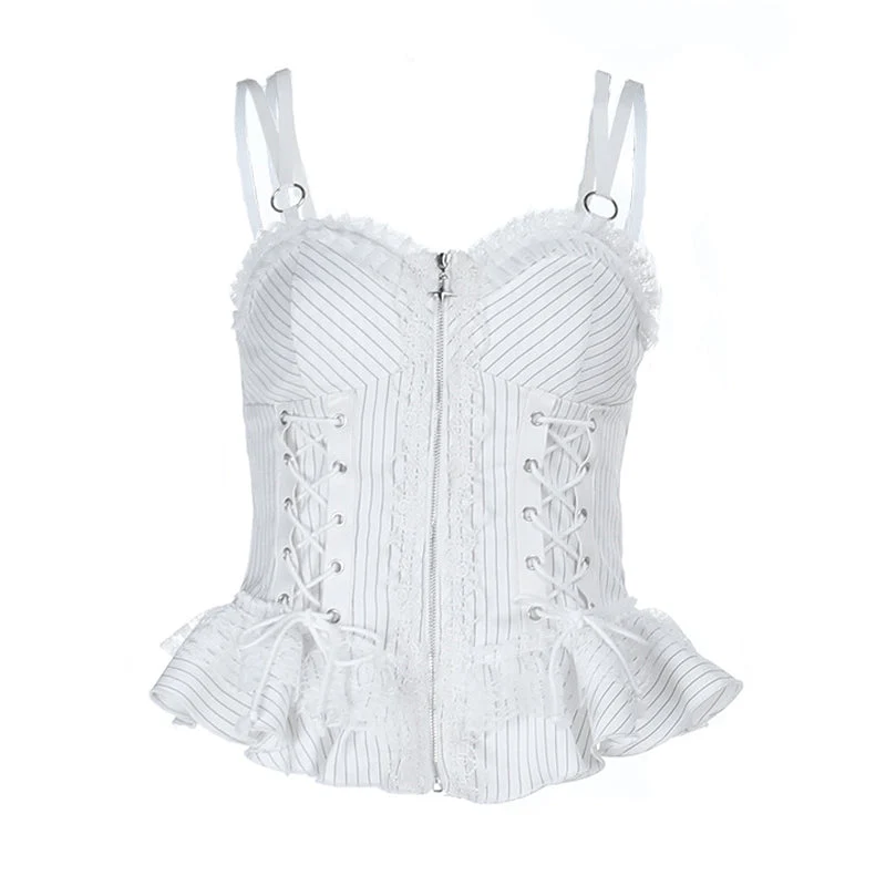 Fairycore striped ruffle lace up cami top