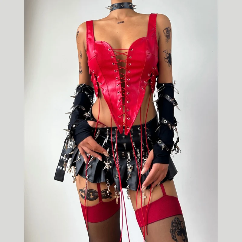 Fairycore tanktop van PU-leer met vetersluiting