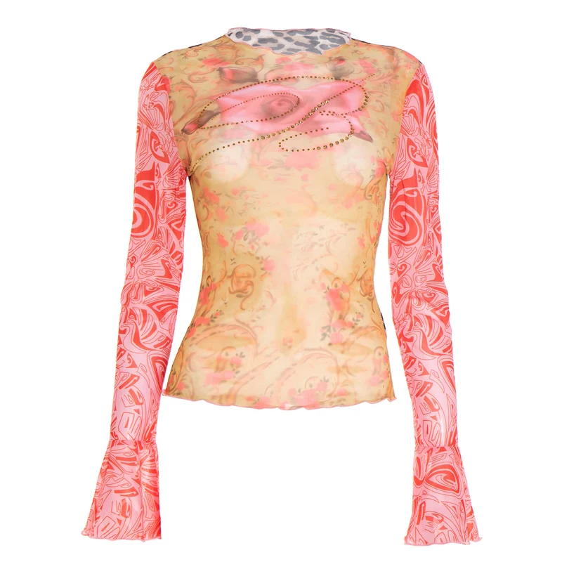Goth long sleeve beaded sheer mesh top