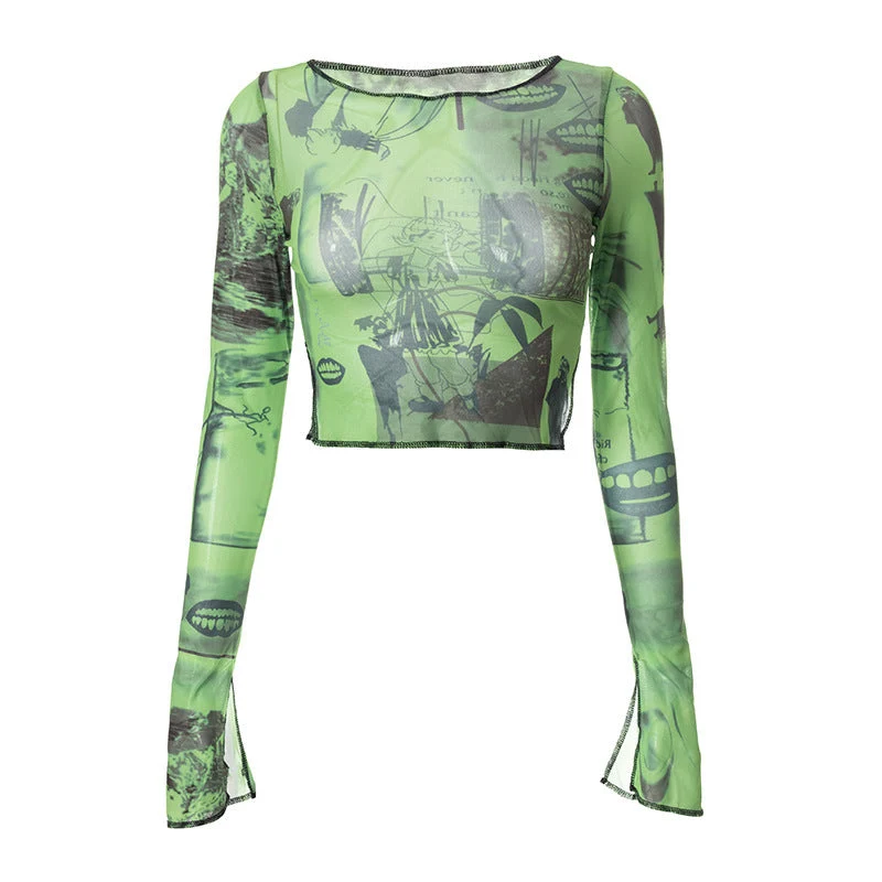 Grunge crop top met lange mouwen, stiksels en split