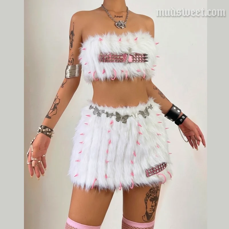 Goth fluffy rivet mini skirt set