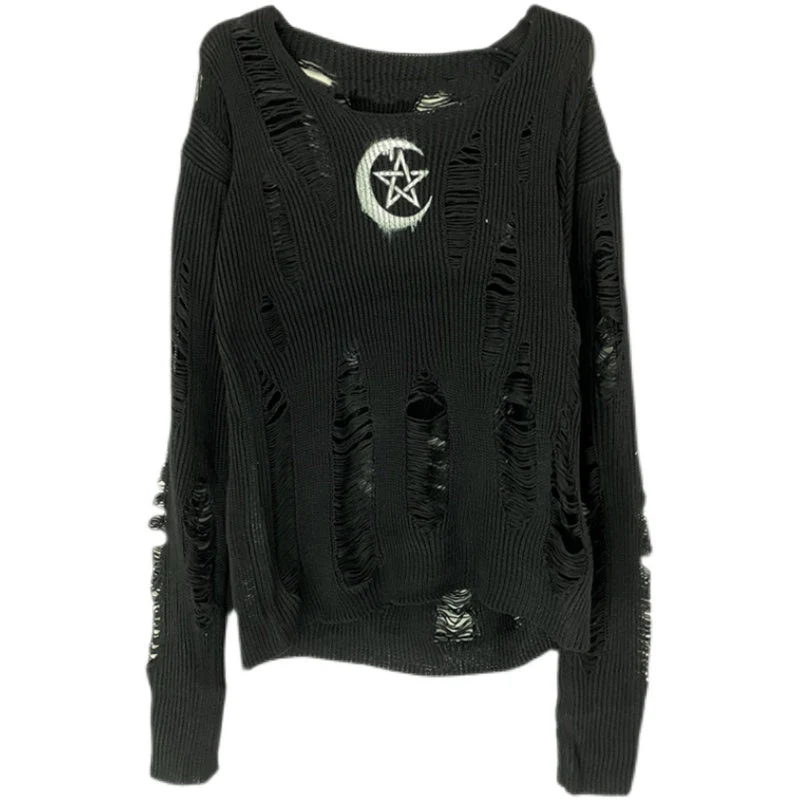 Grunge long sleeve hollow out knitted round neck top
