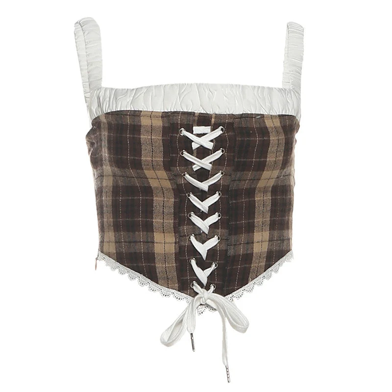 Fairycore geruite cami top met vetersluiting en ritssluiting