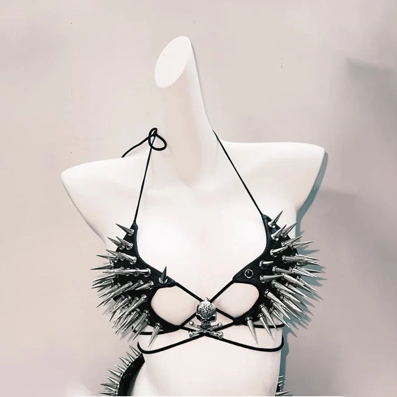 Goth Rivet halter minirokje met strikceintuur