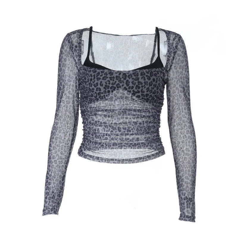Top met lange mouwen en gerimpelde U-hals en luipaardprint