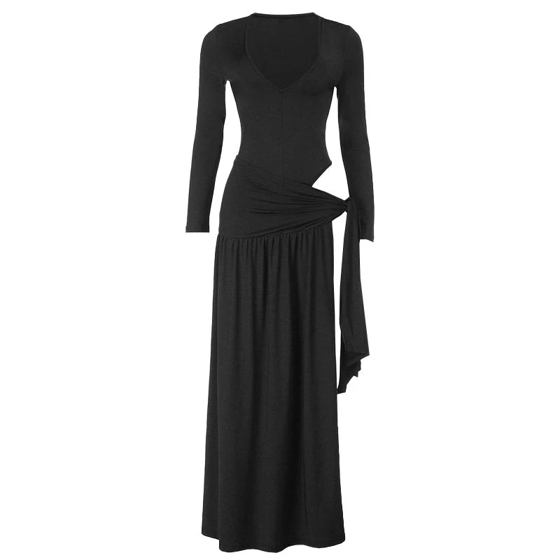 Set met lange mouwen, V-hals, gerimpelde, onregelmatige maxi-rok