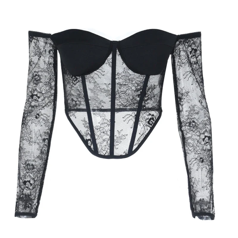 Off-shoulder corset top met lange mouwen en kant