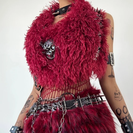 Goth skull applique metal chain fluffy mini skirt set