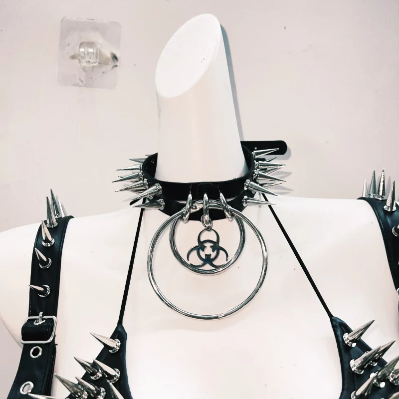 Goth rivet skull halter PU leather mini skirt set