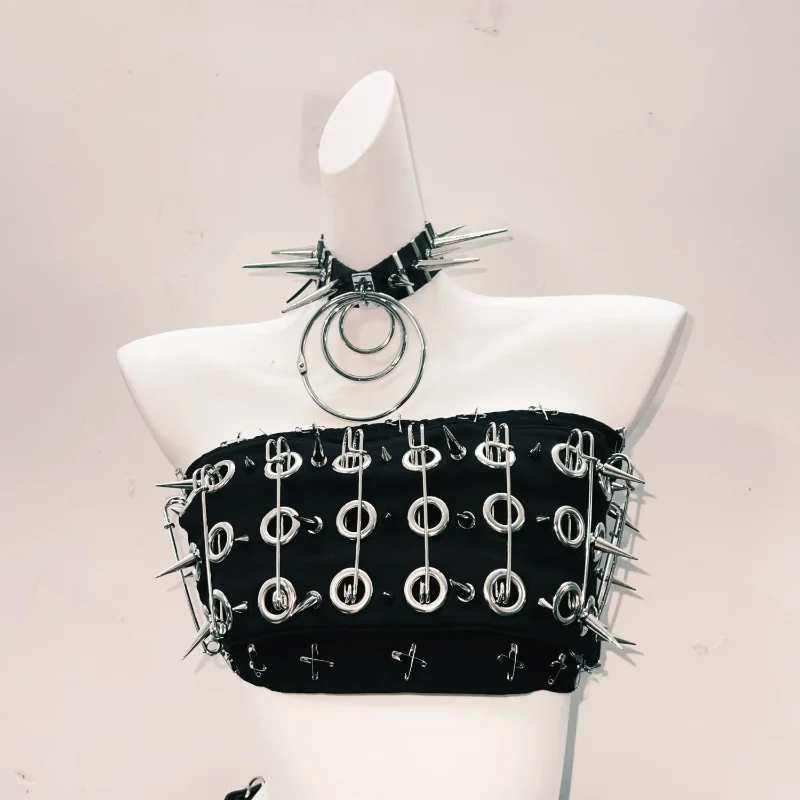 Goth rivet o ring hollow out pant set