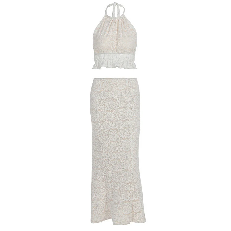 Halter kanten ruche zelfstrikkende maxi-rokset zonder rug