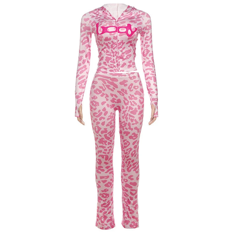 Luipaardprint hoodie lange mouwen rits broekset