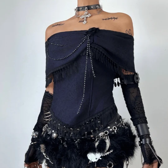 Goth off shoulder tassels beaded top