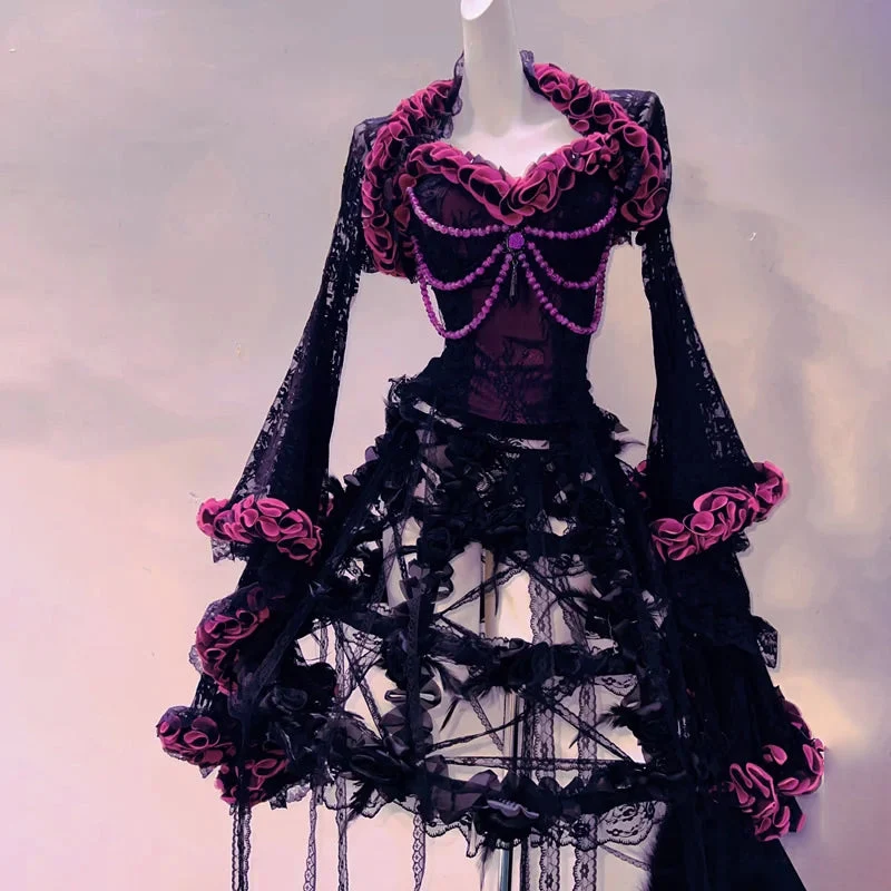 Fairycore beaded flower applique midi skirt set