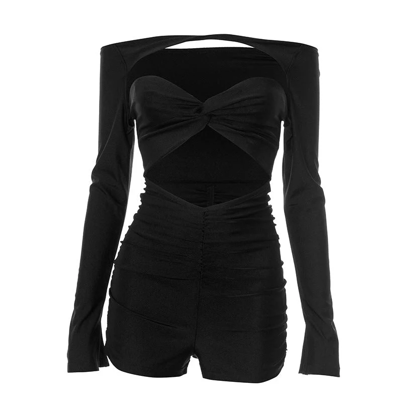 Lange mouwen, uitgeholde, gerimpelde off-shoulder romper