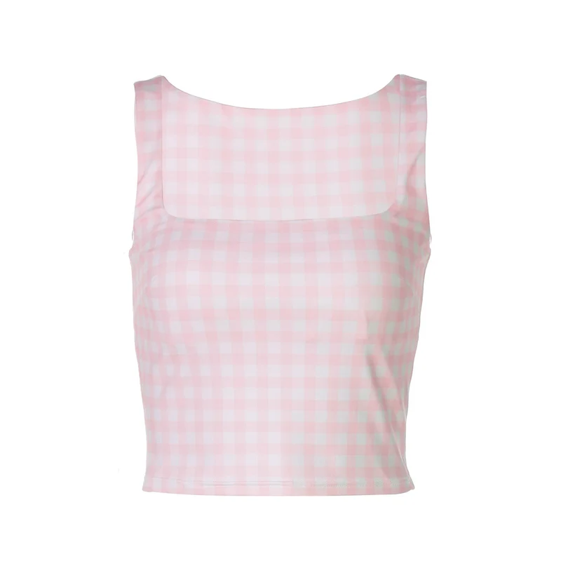 Tanktop met geruite vierkante hals en contrasterende print