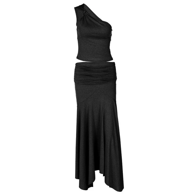 Set onregelmatige maxi-rok met één schouder en gerimpelde zoom