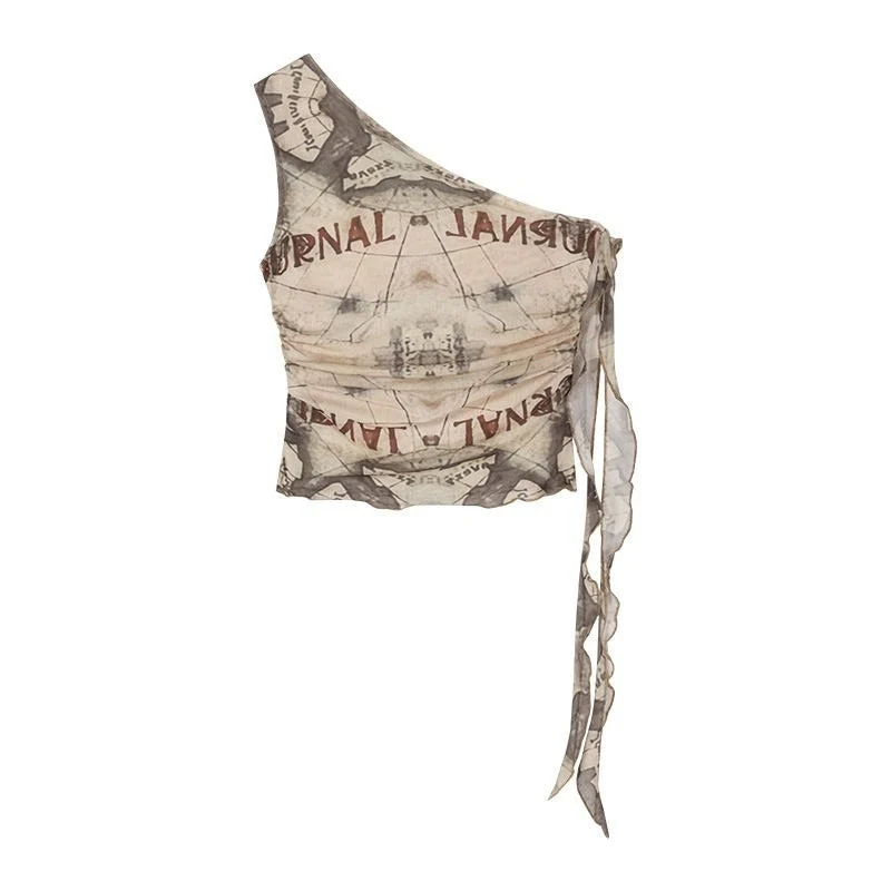 Fairycore top met ruches en onregelmatige print
