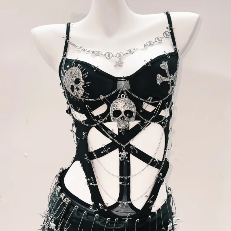Goth hollow out metal chain skull bodysuit